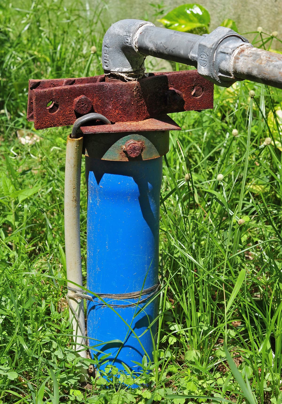 Tubo azul de um poço saindo do capim, com o cano e o cabo da bomba presos no topo